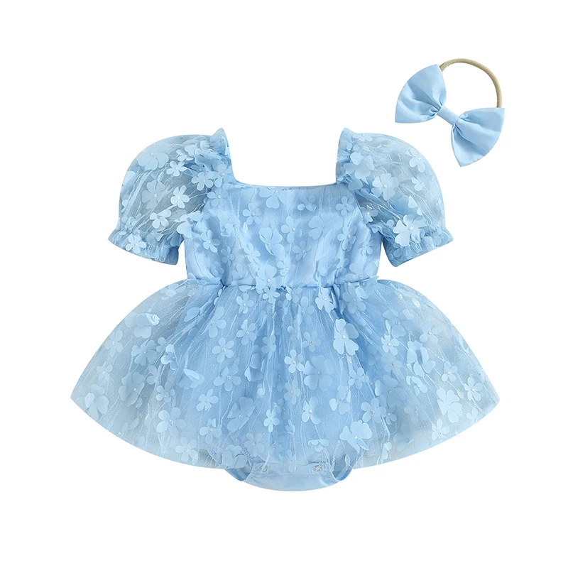Vestido mameluco niña con flores y diadema – conjunto verano