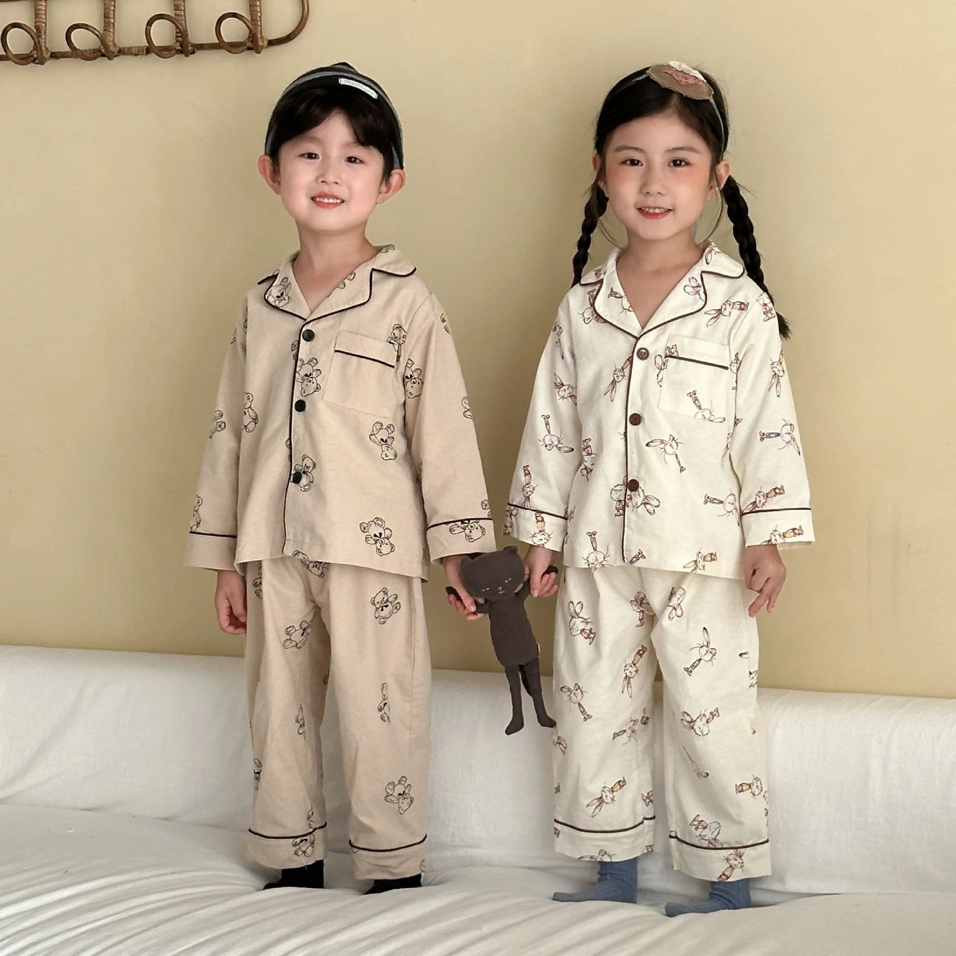 Conjunto de pijamas de otoño para niños, pijamas de manga larga con cuello vuelto para niños y niñas, conjunto de traje para casa de algodón para niños