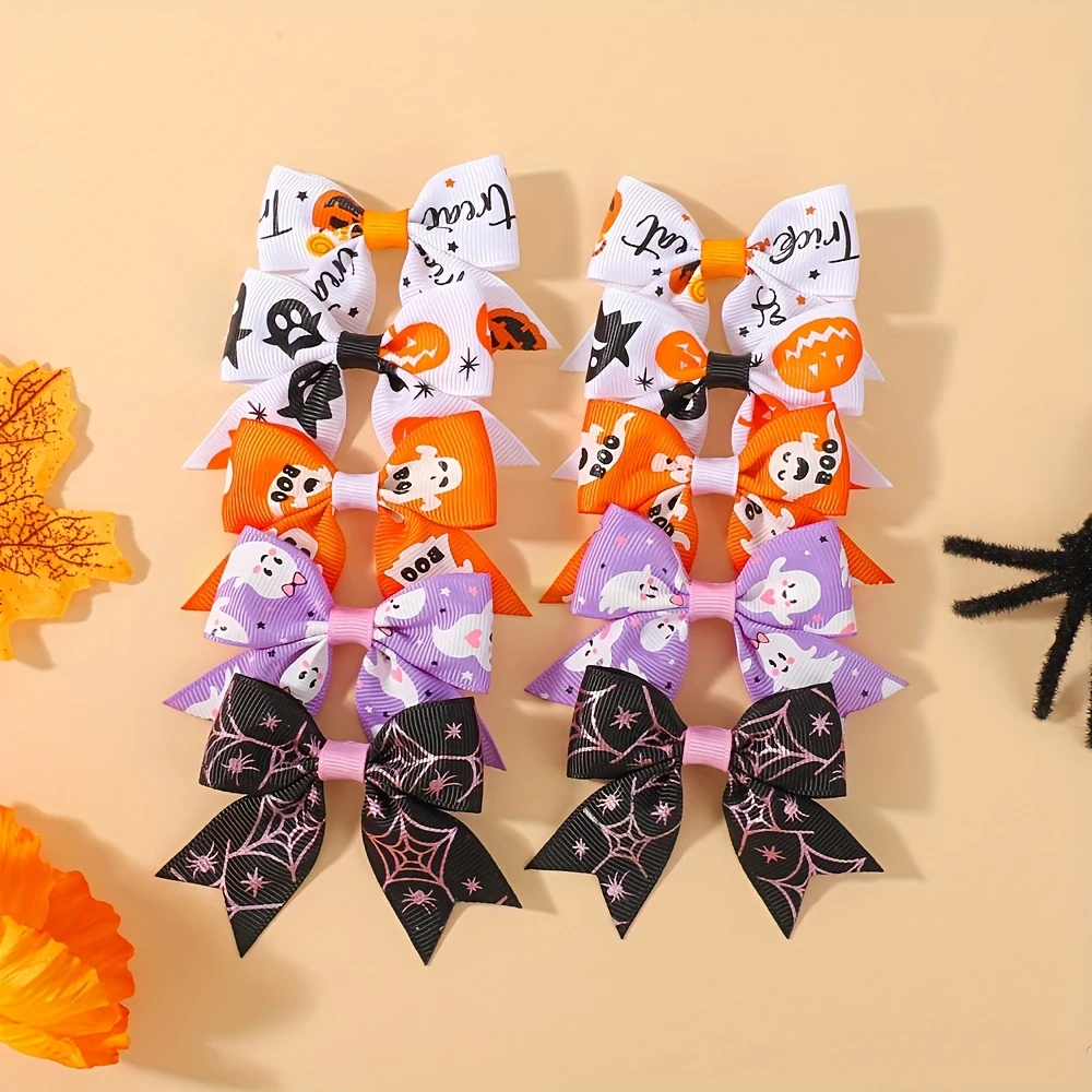 10/20 piezas lazos de Halloween con pinza para el pelo para niñas, cabeza de calabaza impresa hecha a mano, Festival, fiesta, vacaciones, accesorios para el cabello para niños - imagen 5