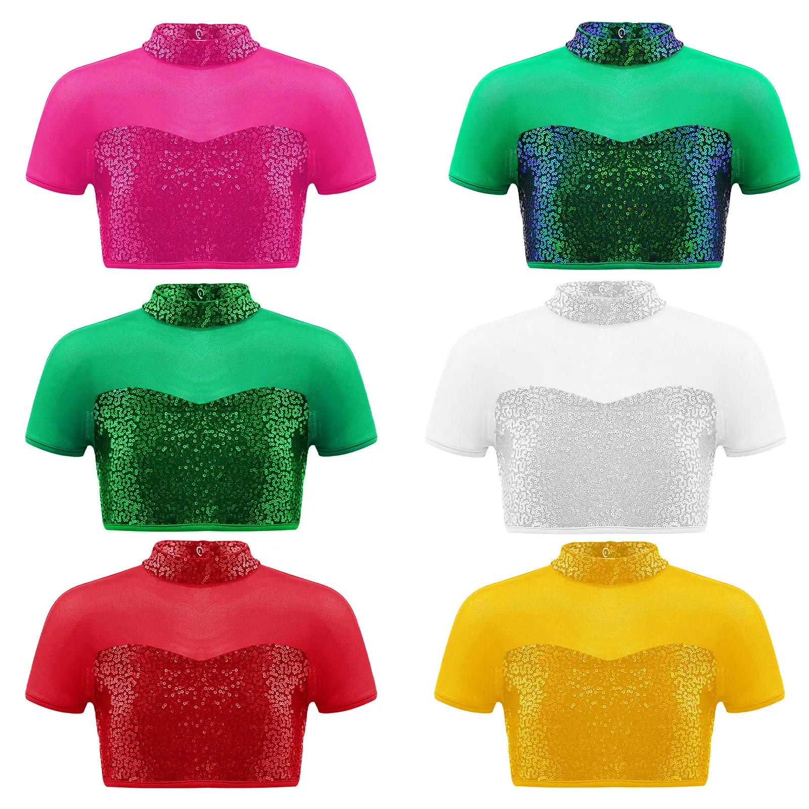 Top corto para niñas, Top de entrenamiento de gimnasia con escote simulado adornado con lentejuelas brillantes, malla de manga corta con recortes en la espalda, Ropa de baile - imagen 2