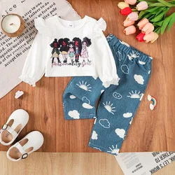 Conjunto infantil para niña: top manga larga + vaqueros – Estampado divertido