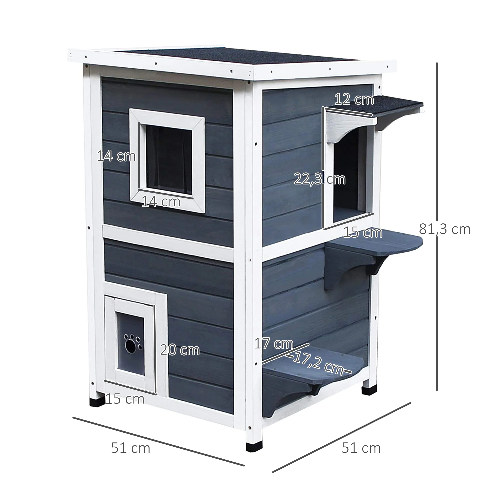 PawHut Caseta para Gatos de Madera Exterior, Casa para Gatos de 2 Niveles con Techo Abatible, Panel Central Extraíble, Ventanas, Puertas, para Terraza, Balcón, Jardín, 51x51x81,3 cm - imagen 3