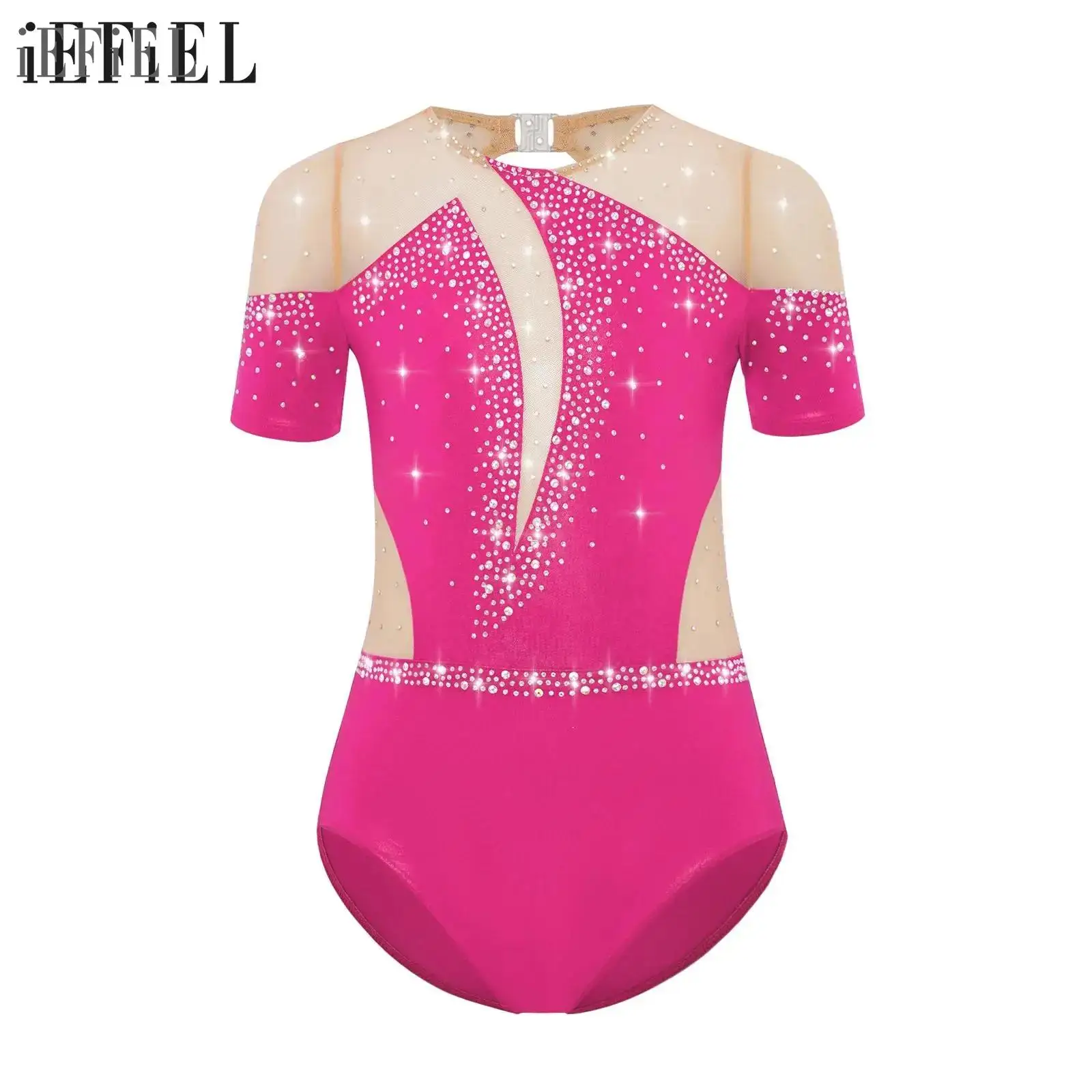 Niños Niñas patinaje artístico danza leotardo manga corta recortado espalda malla transparente Patchwork diamantes de imitación mono de gimnasia Ropa de baile
