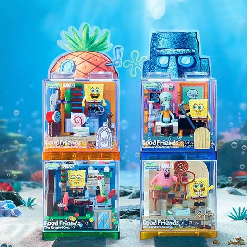 Bloques de construcción de Bob Esponja, Patrick Star, Krusty Krab, tentáculos de calamar, modelo de habitación, juego de ladrillos, adornos de escritorio, juguetes para niños, regalos