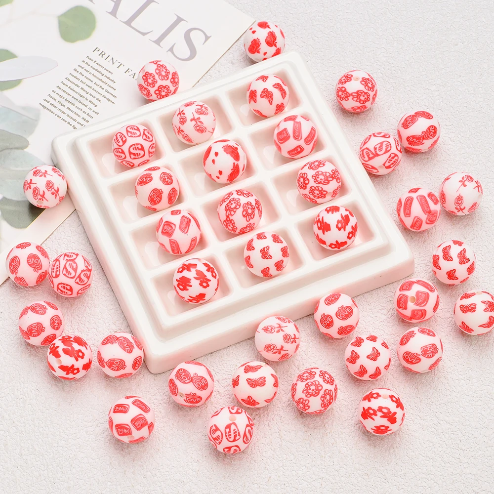 10 Uds. De cuentas de silicona de 15mm, cuentas de amor estampadas rojas para correas de bebé, cadena de chupete, chupetes para masticar, accesorios de cadena con Clip - imagen 4