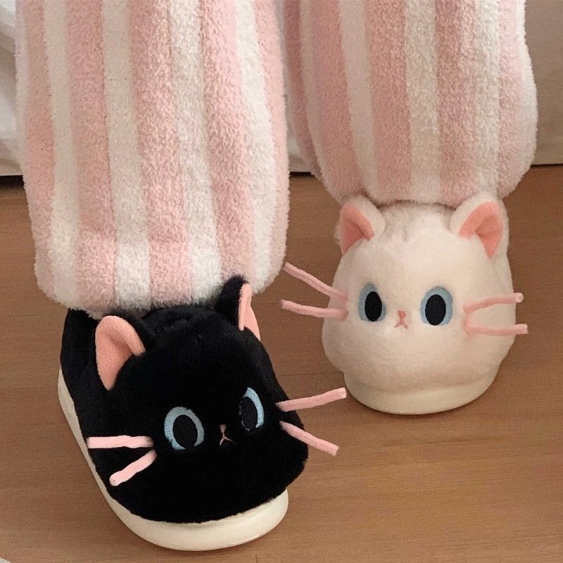 Zapatillas mullidas de interior para mujer, zapatos cálidos de invierno con bonito gato de dibujos animados para niñas, chanclas de algodón para el hogar con suela gruesa de piel sintética suave - imagen 4