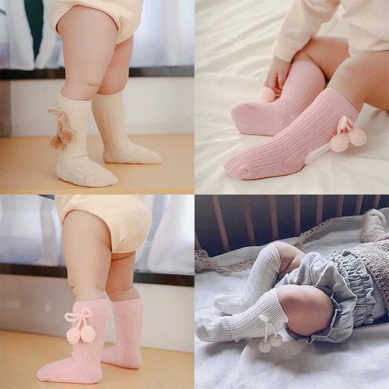 Calcetines hasta la rodilla con bola bonita para niñas pequeñas, calcetines de princesa de estilo dulce de tubo para niños, calcetín tejido, calentador de piernas de 0 a 3 años - imagen 2