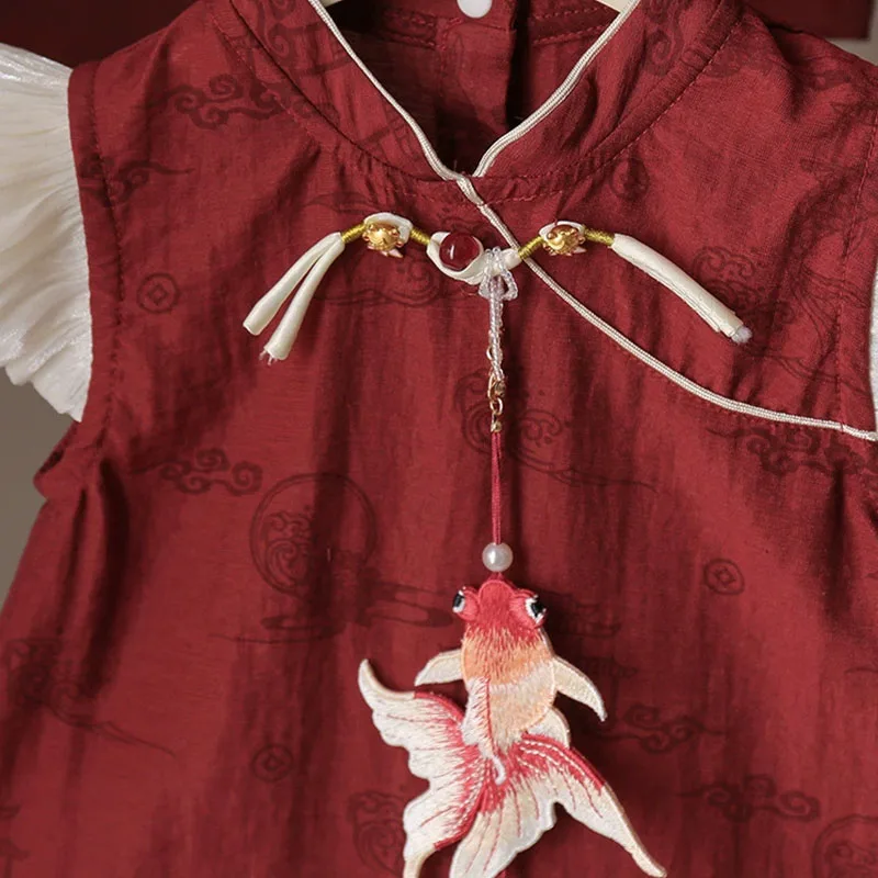 Pelele rojo sin mangas para recién nacida – Estampado veraniego - imagen 4