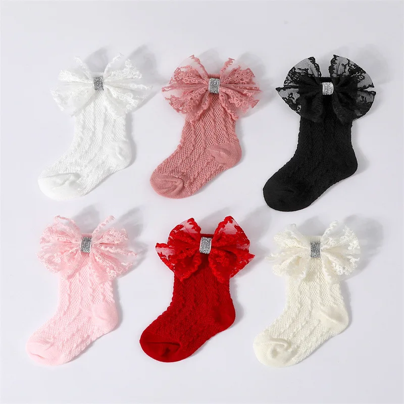 Lindo 1 Juego de calcetines con lazo para bebé, diademas para recién nacido, calcetines de punto cálidos de encaje suave, diademas para niñas y niños, calcetines medios nuevos