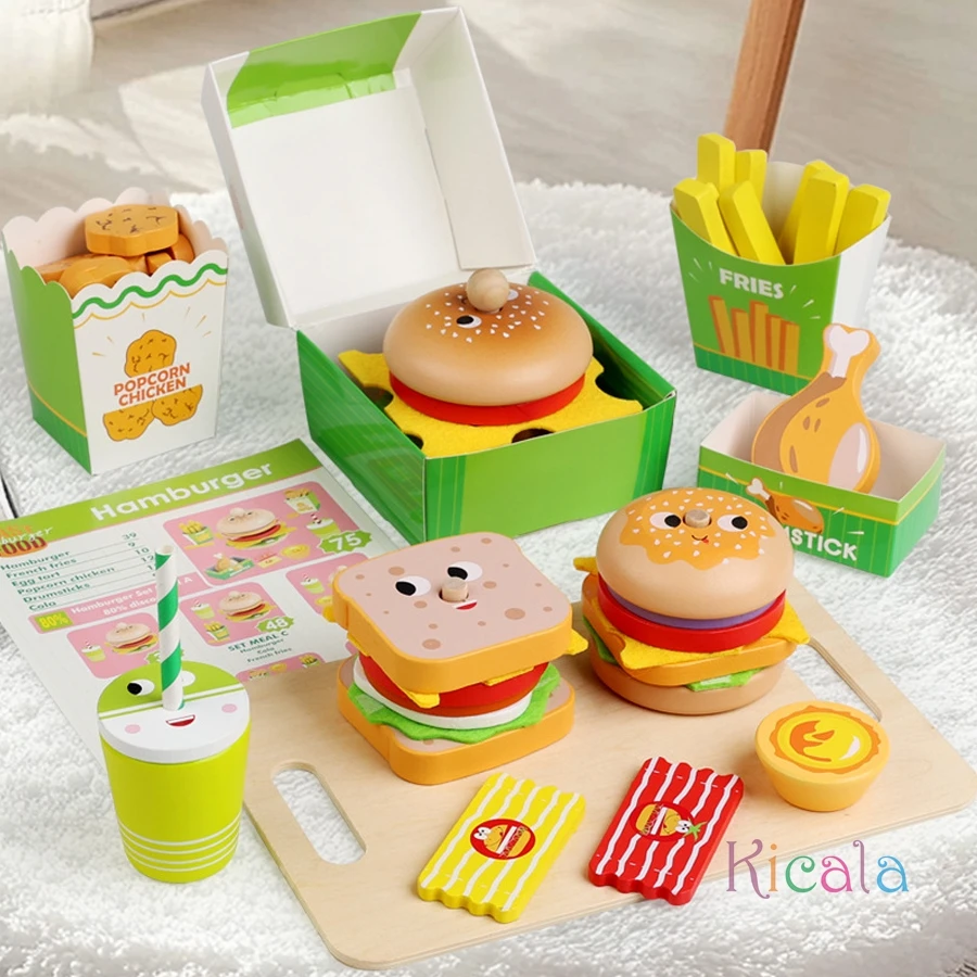 Juego de cocina para niños, hamburguesa, patatas fritas, comida, juegos de casa, hamburguesa, sándwich, cocina apilable, juguete para juego de imitación, regalo de Navidad - imagen 3