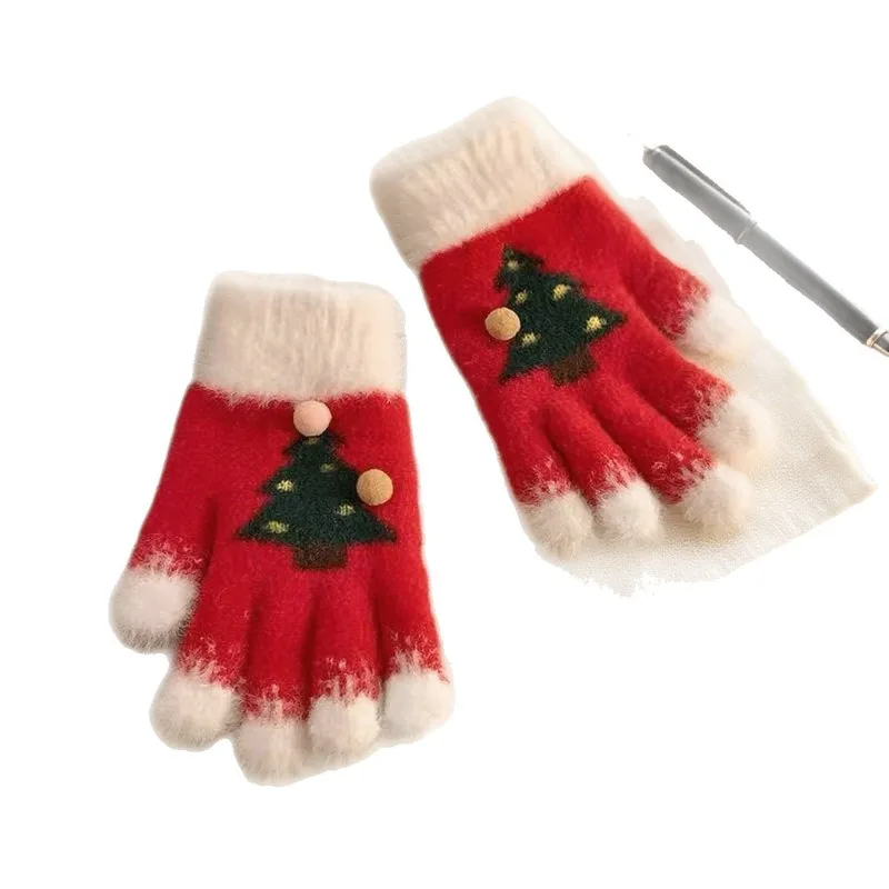 Nuevos guantes térmicos de punto para madres y niños, diseño de árbol de Navidad con cinco dedos para el calor al aire libre, bonitos guantes de invierno para estudiantes - imagen 4
