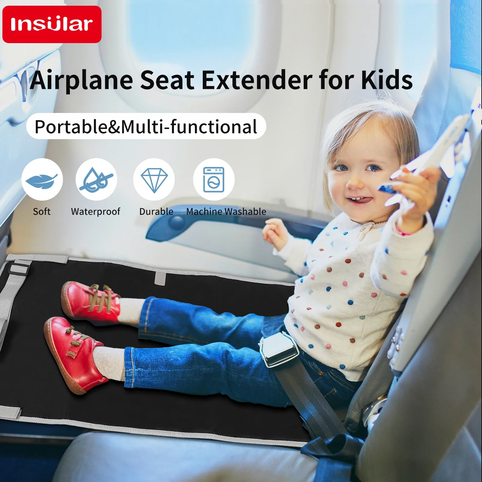 INSULAR-cojín extensor de asiento de avión para niños, almohadilla extensible de asiento portátil, hamaca para niños, cama de viaje, reposapiés plegable, elementos esenciales de viaje - imagen 2