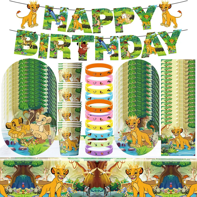 Decoraciones para fiesta de cumpleaños del Rey León Simba, vajilla desechable, pancarta, globos, mantel, servilletas, tazas, platos, suministros para niños