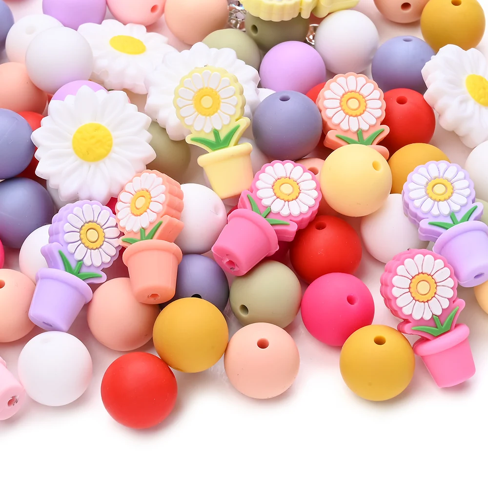 7 Uds. De cadena de chupete, mezcla de cuentas redondas de silicona, juego de cuentas de enfoque de flores para hacer joyería, collar Diy, chupete, juguete mordedor - imagen 3