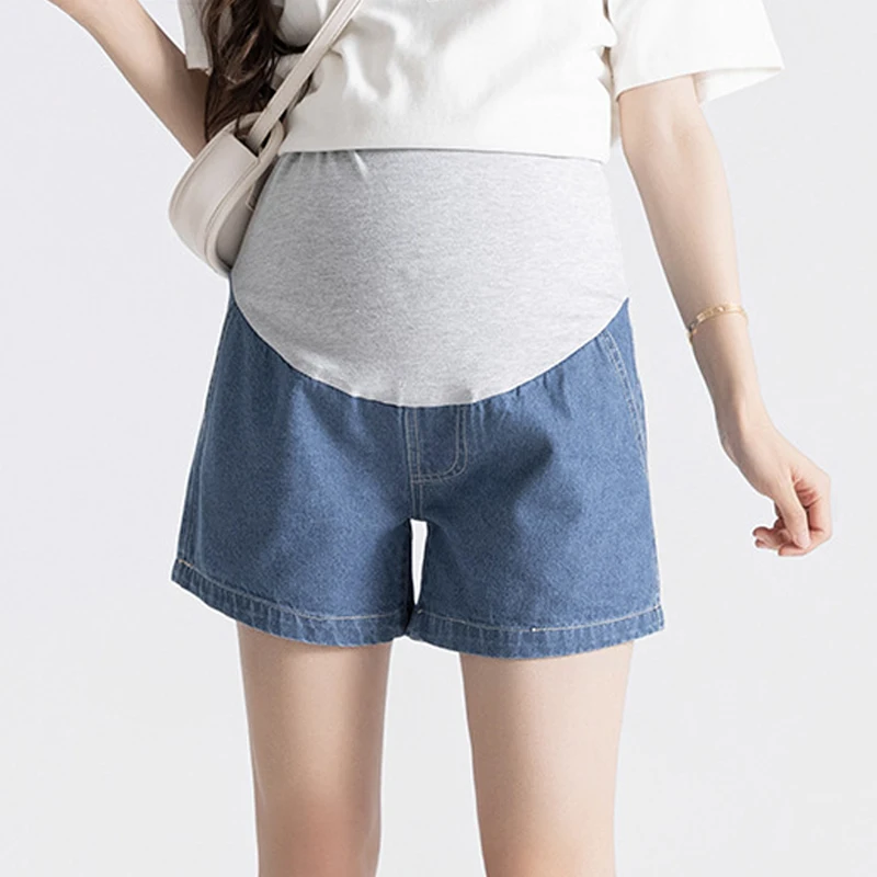 Pantalones cortos vaqueros de maternidad de talla grande para mujeres embarazadas, pantalones cortos vaqueros de verano, pantalones abdominales finos, sueltos e informales con soporte de pierna ancha