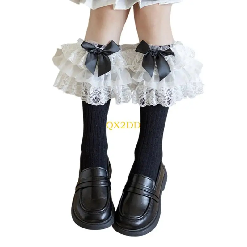 QX2D Calcetines para niños con temática lazo, calcetines elásticos algodón peinado a rayas anchas y coloridas reforzadas - imagen 5