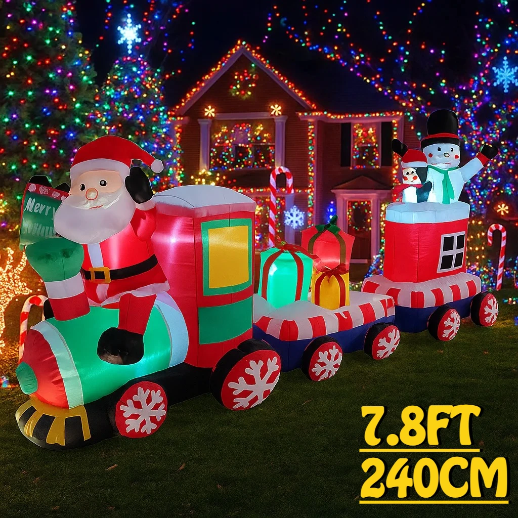 Decoración navideña al aire libre de 7,8 pies, tren de Papá Noel, decoración inflable para fiesta de Navidad, adornos de patio, luces, juguetes para el hogar, utilería