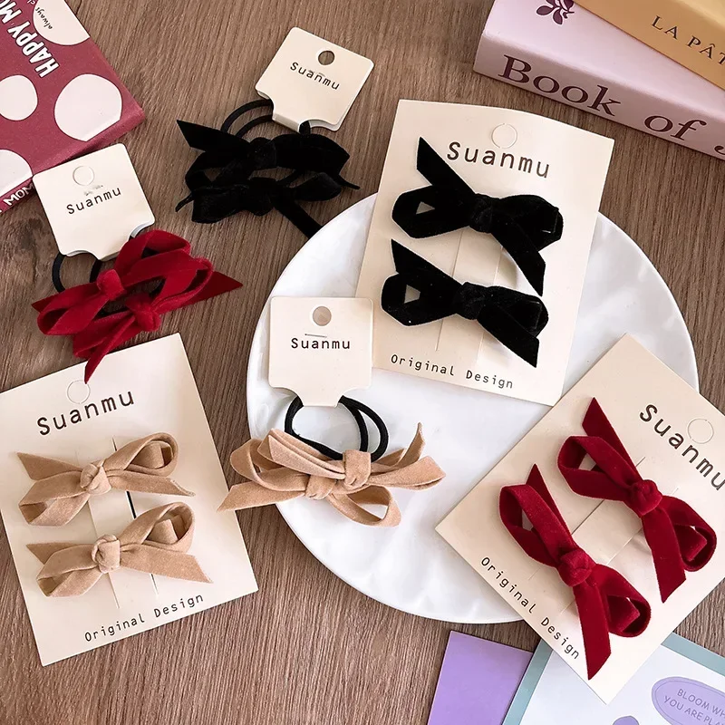 2 unids/set de lazos para el cabello de terciopelo coreano para niñas, pasadores elegantes y bonitos de princesa, lazos para el cabello que combinan con todo, accesorios para el cabello para niños - imagen 2