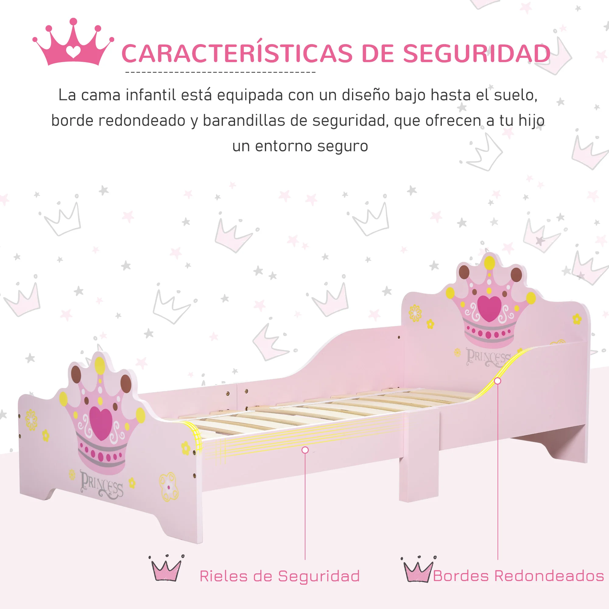 HOMCOM Cama para Niños de +3 Años 143x73x60 cm Cama Infantil de Madera con Estampado de Corona Carga 50 kg para Dormitorio Rosa - imagen 3