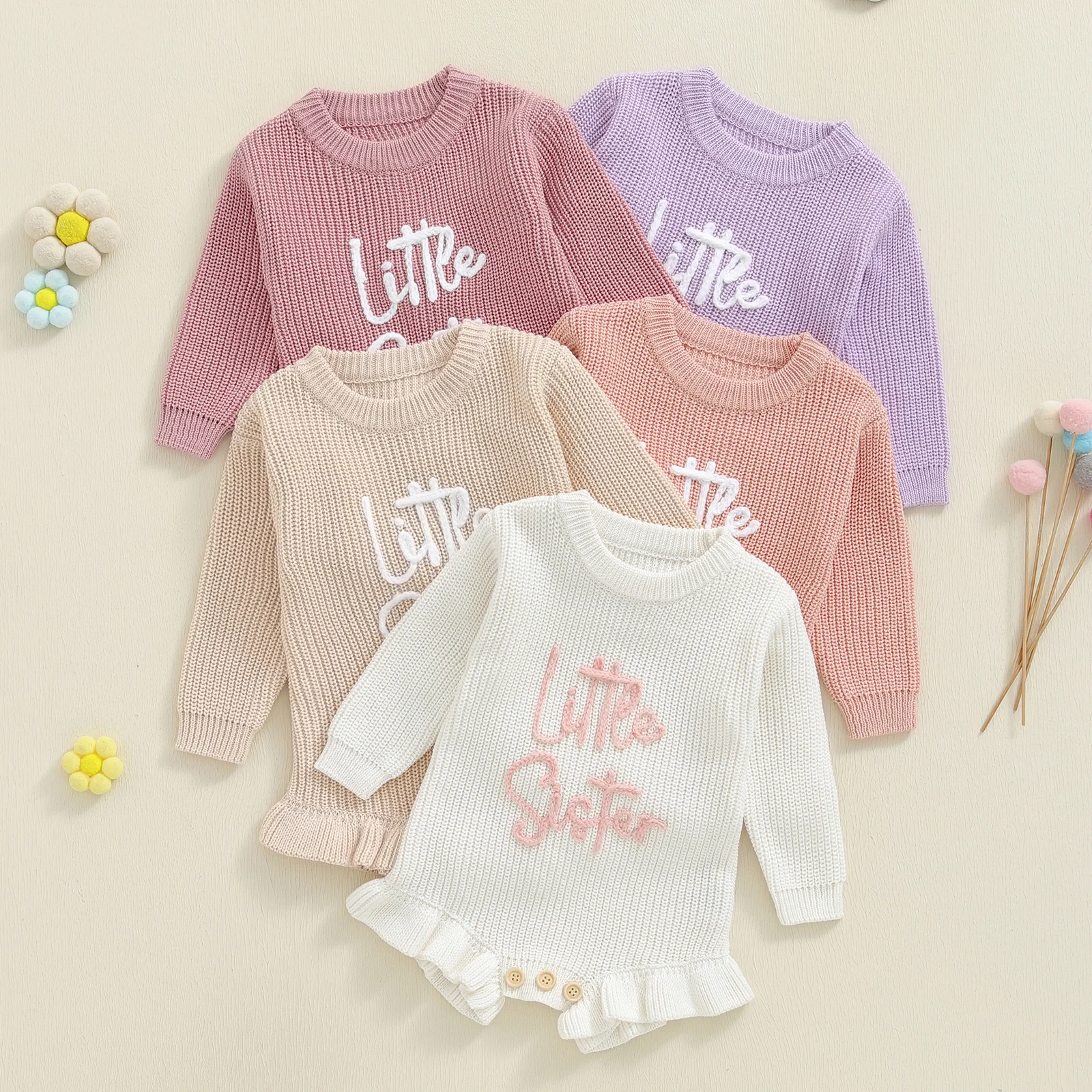 Pelele de punto de otoño para niñas de 0 a 12 meses, mono con bordado de letras, manga larga, cuello redondo, suéter con volantes - imagen 2
