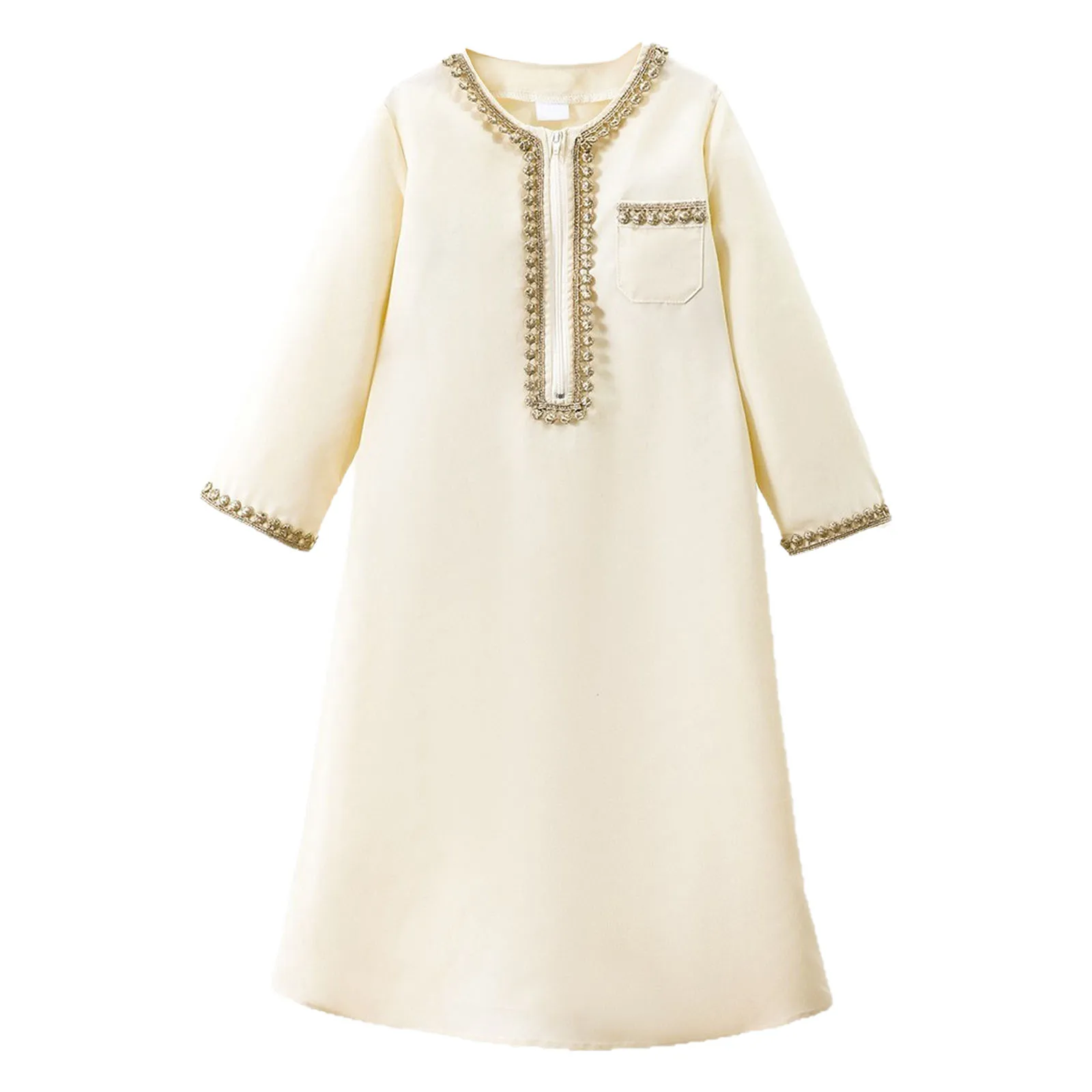 Abaya infantil con bordados en tono azul, vista frontal