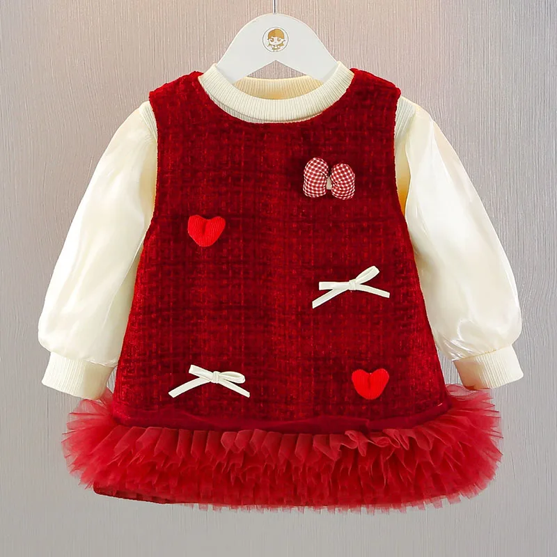 Conjunto otoño invierno niña bebé: camiseta manga larga y vestido rojo - imagen 3