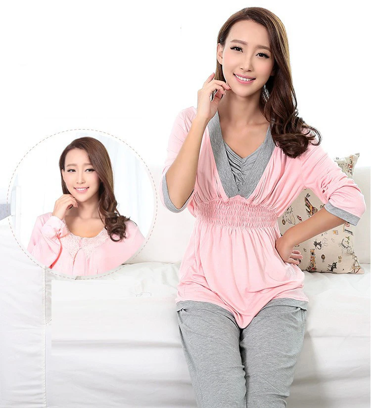 Camisón de maternidad, pijamas de lactancia, ropa de dormir para embarazo, conjunto de pijamas de lactancia para mujer, ropa suave para el hogar para Otoño e Invierno 2 unids/set - imagen 5