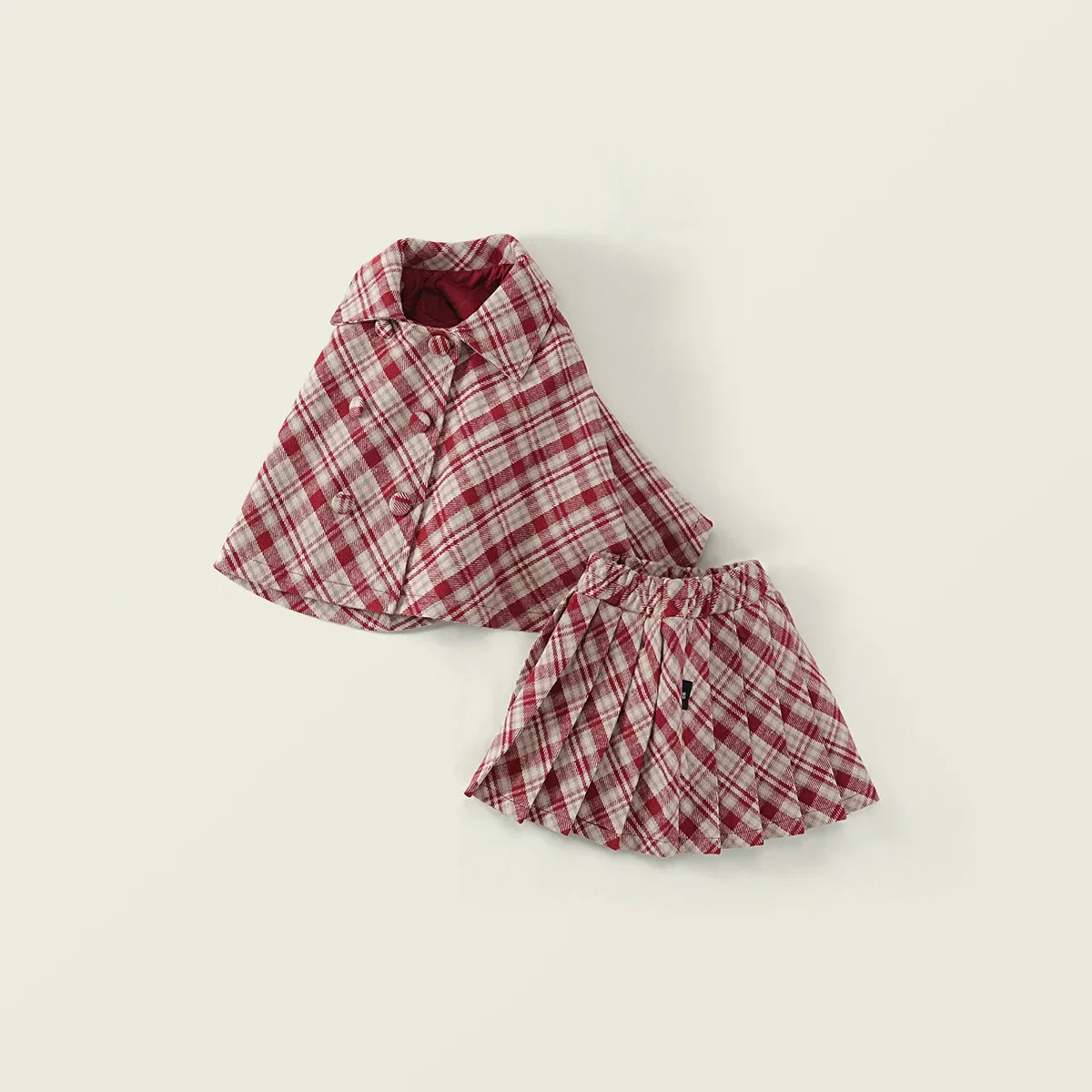 Conjunto de mezcla de lana a cuadros rojos para niñas coreanas de 2025 AW, capa gruesa y Falda plisada, traje de moda para niños de 2 uds. - imagen 2