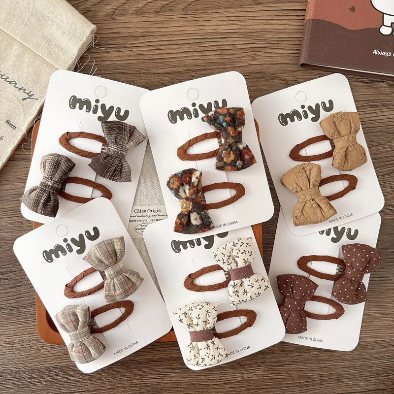 2 unids/set de pinzas para el cabello con lazo de tela de estilo coreano, pinzas BB de lunares para niños y niñas, horquillas laterales con esquema de colores Maillard para niños