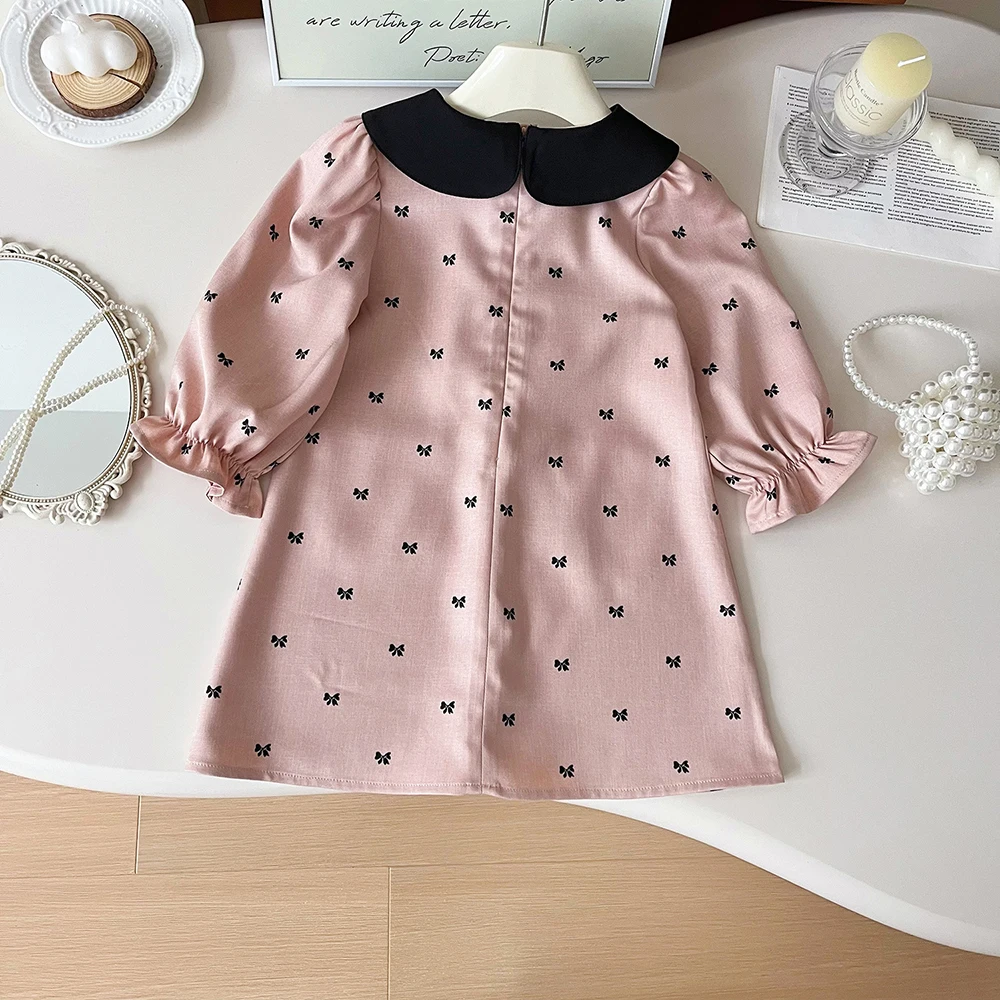 Milangel-vestidos de otoño para niños, ropa de princesa de retazos, dulce vestido de lazo con cuello Peter Pan para niñas de 2 a 7 años, novedad - imagen 2