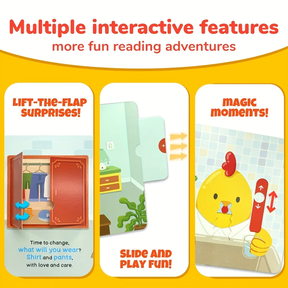 Libro pequeño de empuje y tracción para niños, tema de cepillado de dientes de hipopótamo, hábitos de higiene Personal, libro de organización de educación temprana, regalo - imagen 3