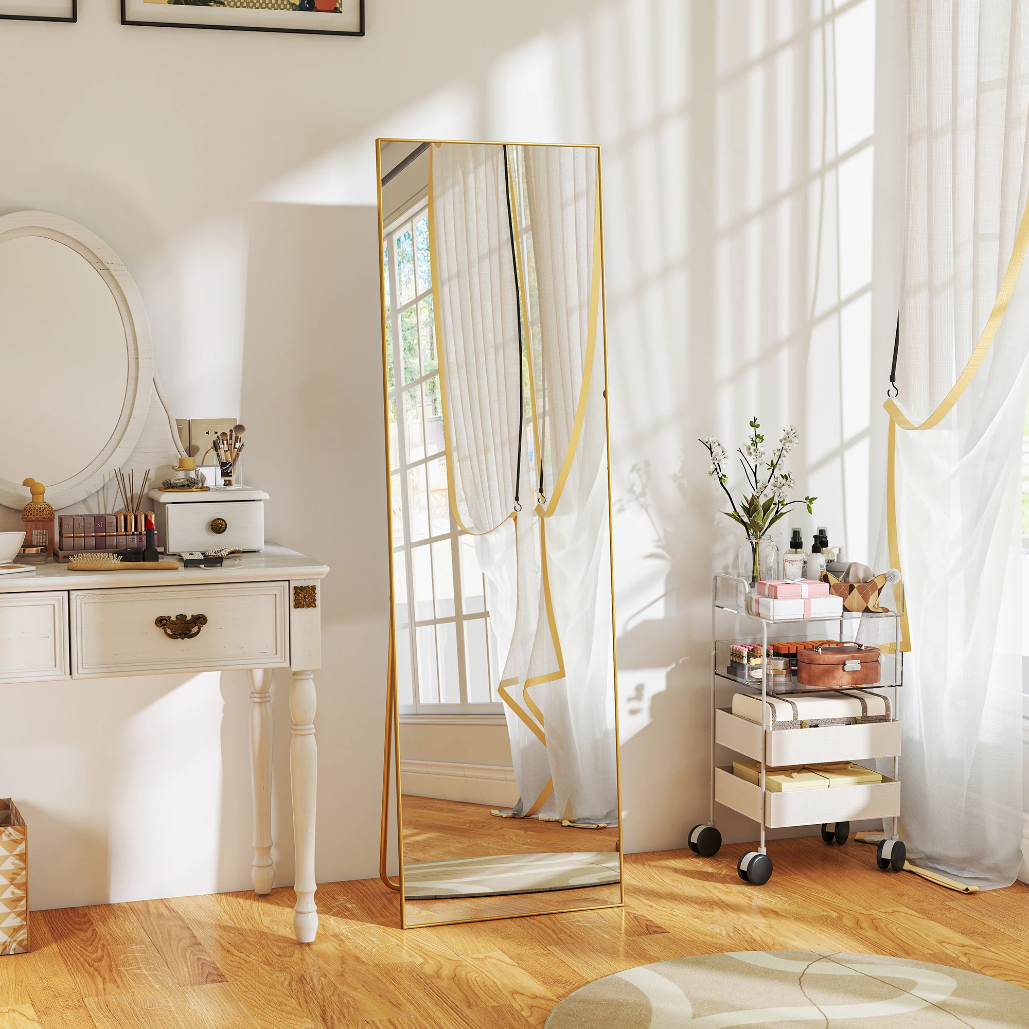 HOMCOM Espejo de Pie Cuerpo Entero con Marco de Aleación de Aluminio Espejo de Pared Rectangular con 2 Formas de Uso para Pasillo Dormitorio Salón 50x161,5x2 cm Dorado