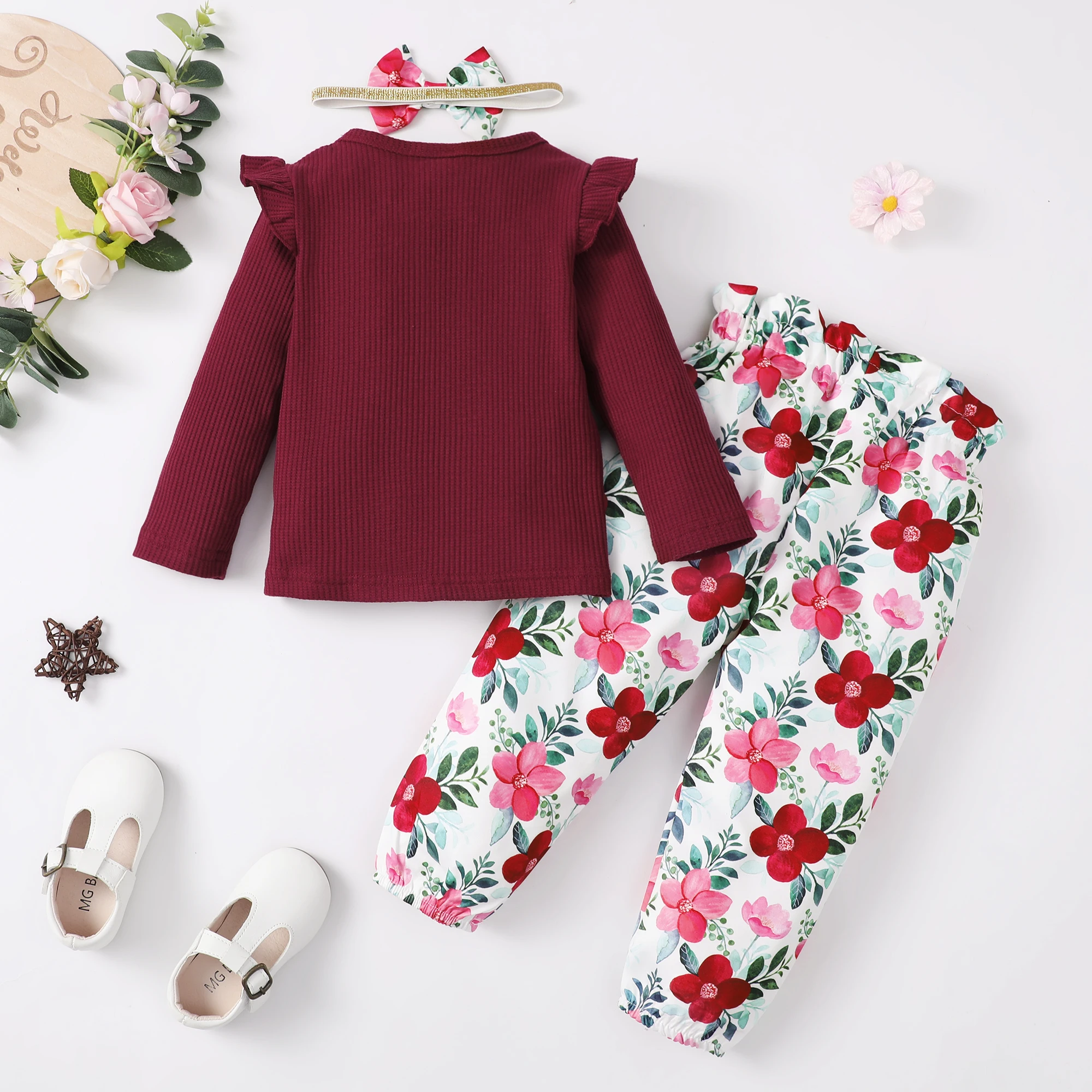 Conjunto de ropa para niña pequeña de 1 a 5 años, Top de manga larga, pantalones y diadema, traje de primavera para niña pequeña de 3 uds. - imagen 2