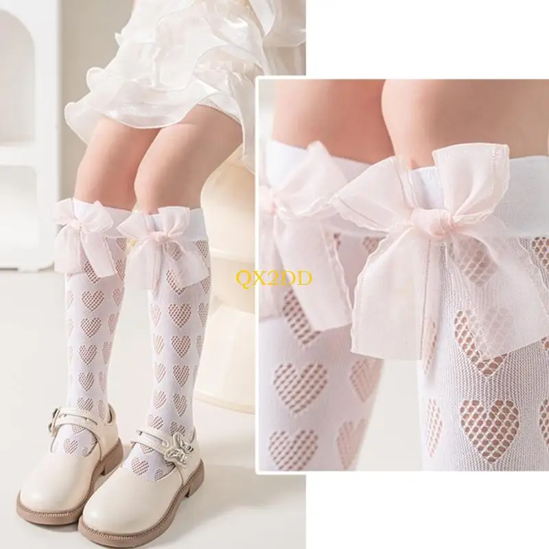 Ribrete encaje QX2D debajo calcetines rodilla con detalles volantes y detalles Bowknot para niñas dulce - imagen 2
