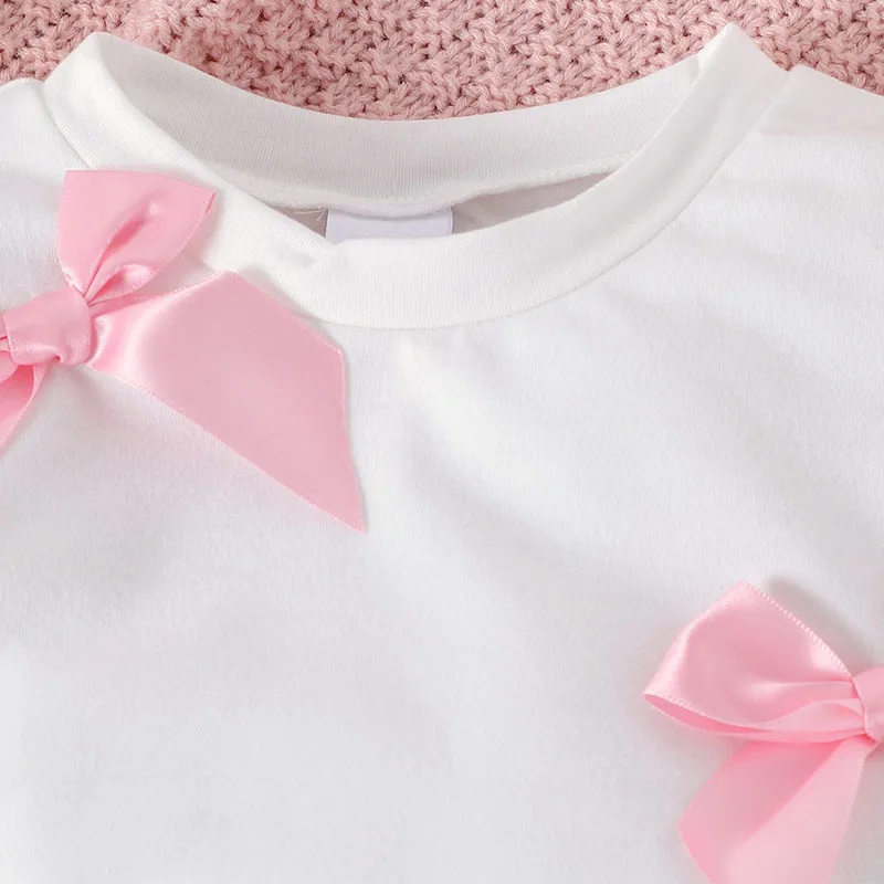 Conjuntos de 2 piezas de ropa de verano para niño niña, camisetas coreanas de manga corta con bonito lazo blanco para bebé + pantalones cortos de mezclilla, ropa de Boutique para niños B055 - imagen 4