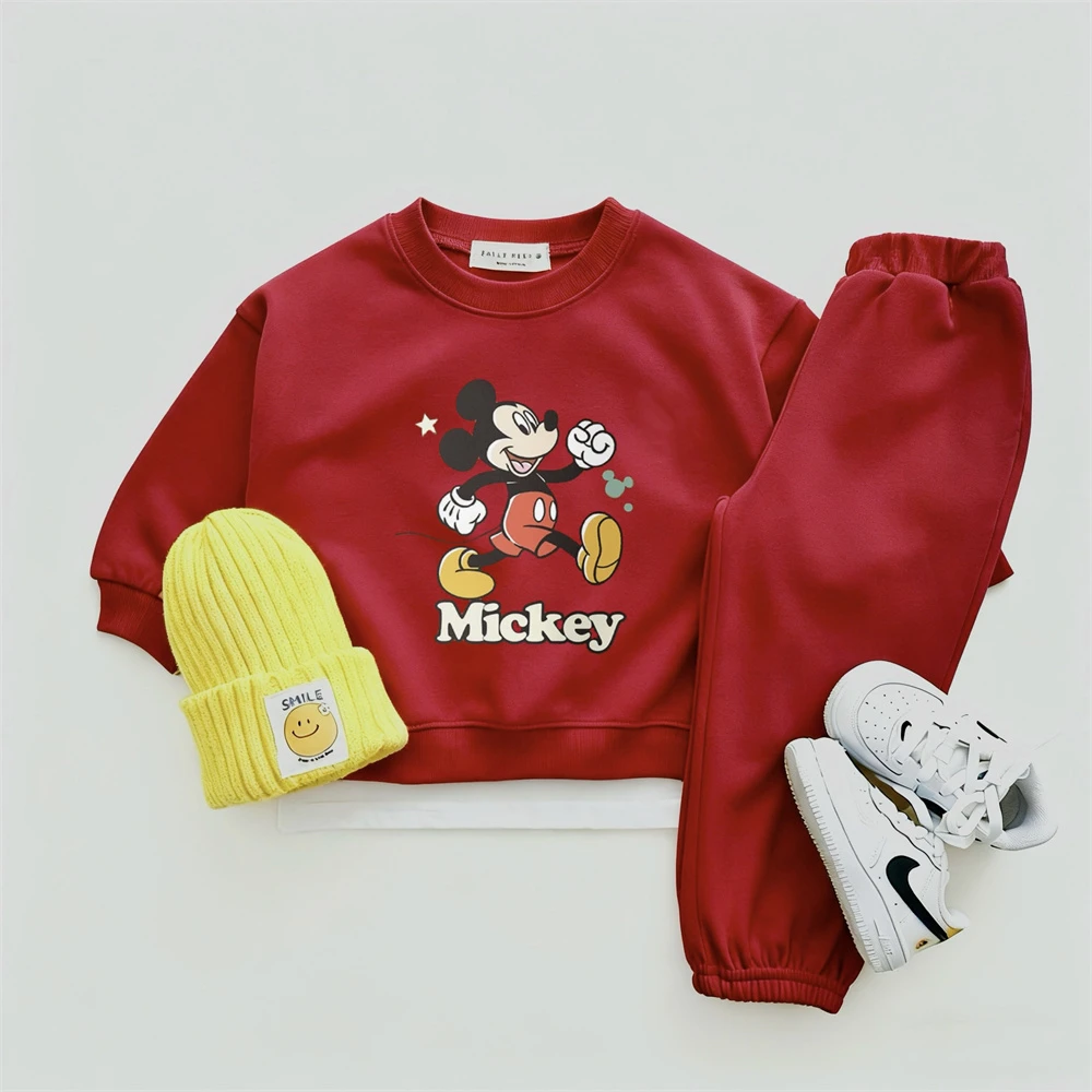 Trajes rojos para niños y niñas, conjunto de dos piezas de Color sólido, trajes de manga larga para niños pequeños, Sudadera con capucha informal holgada y pantalones de chándal - imagen 2