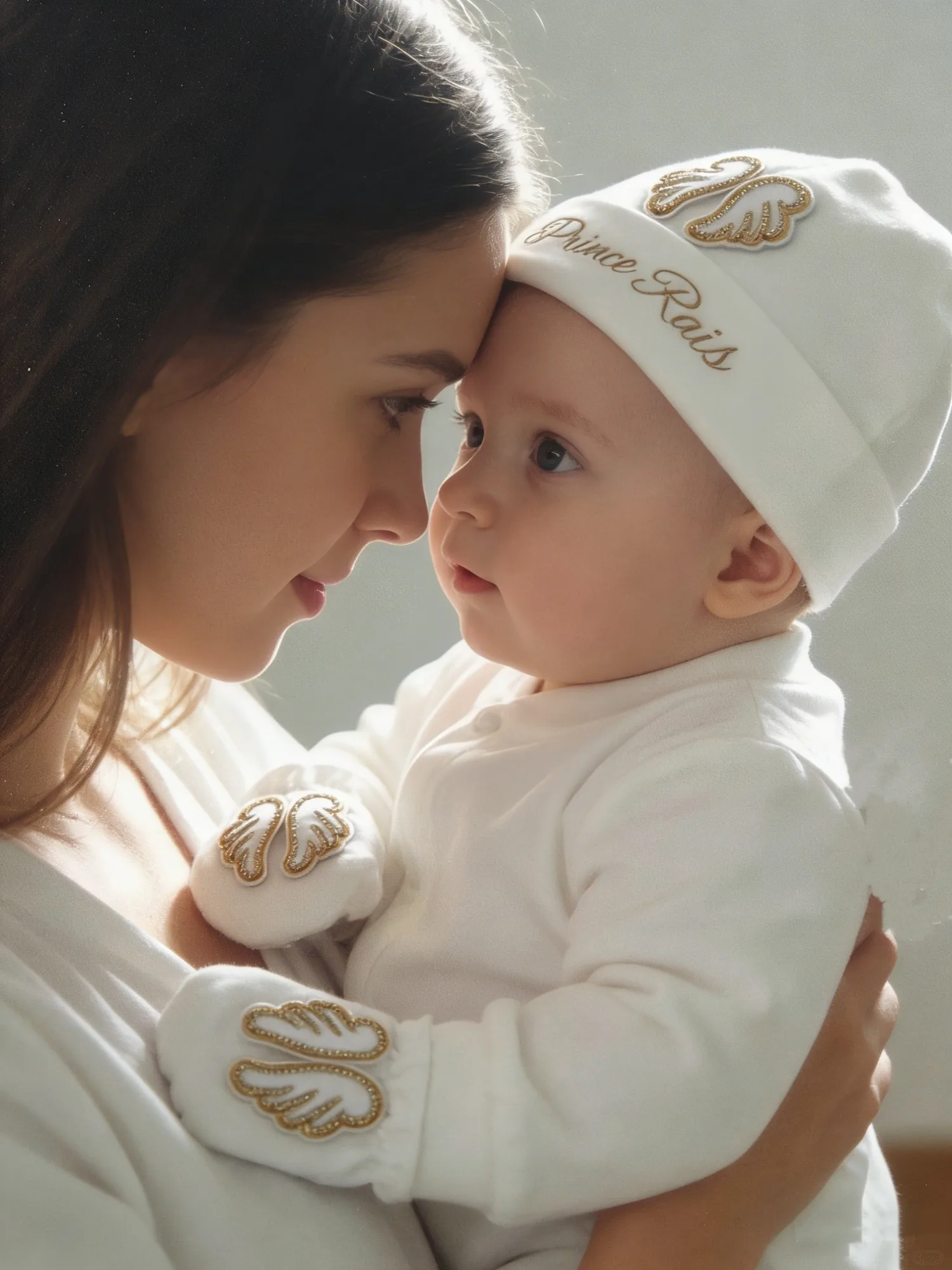 Conjunto de traje de príncipe ángel de oro blanco para bebé, mono, sombrero, zapatos, mitones con alas 3D y bordado "Prince", ropa suave para recién nacido - imagen 3
