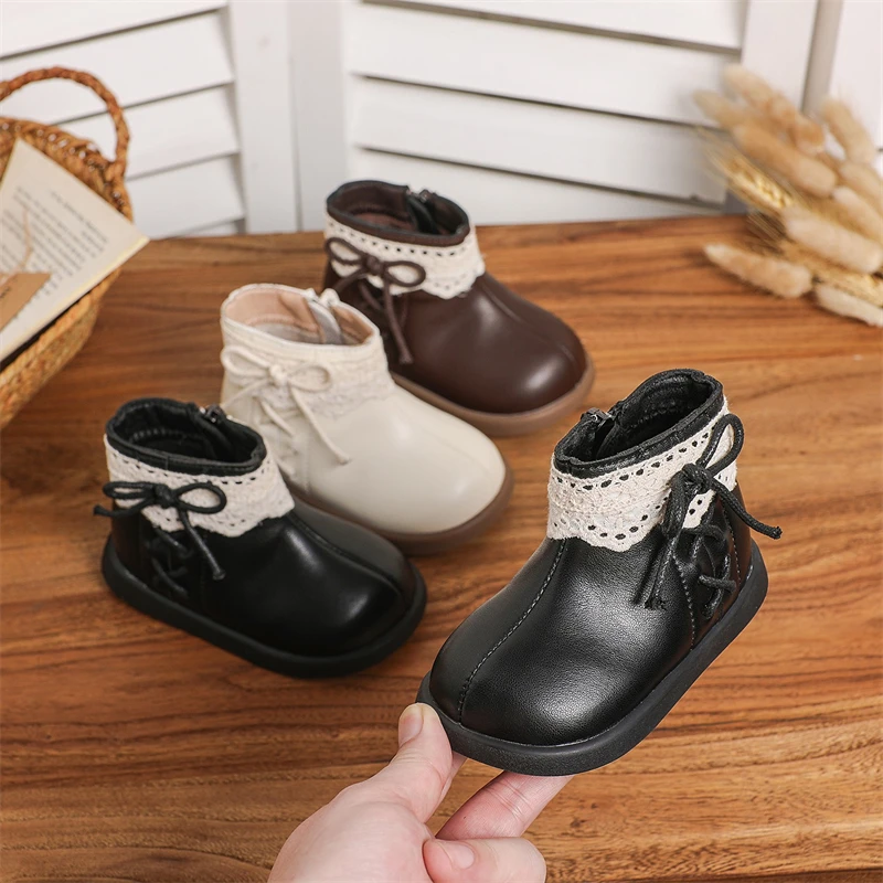 Otoño Invierno, botas de nieve para niñas, zapatos de princesa con lazo de felpa para niños, suela suave antideslizante, botas para niños pequeños a prueba de viento para exteriores