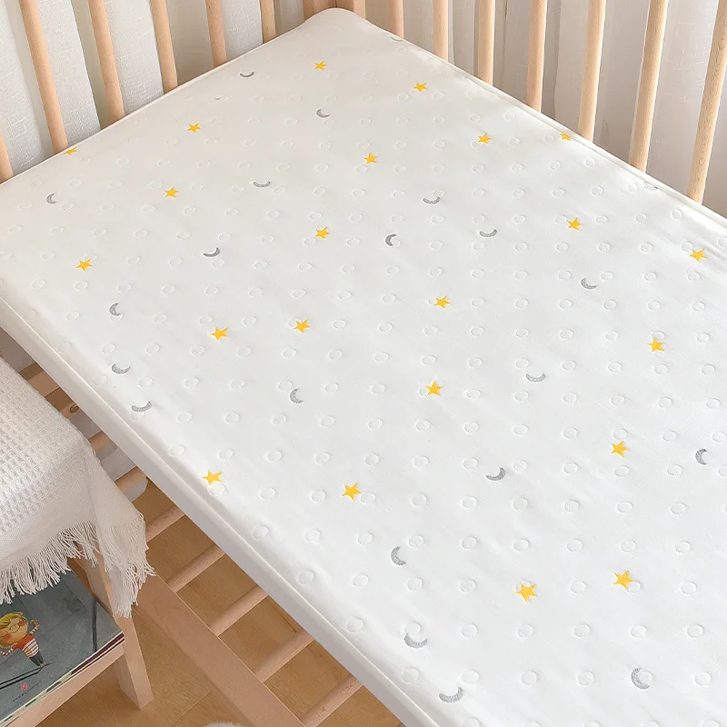 Sábana bajera para cuna de bebé, Sábana bordada con conejito de oso para niños, Funda protectora de colchón de muselina de algodón de 6 capas, tamaño personalizado - imagen 5