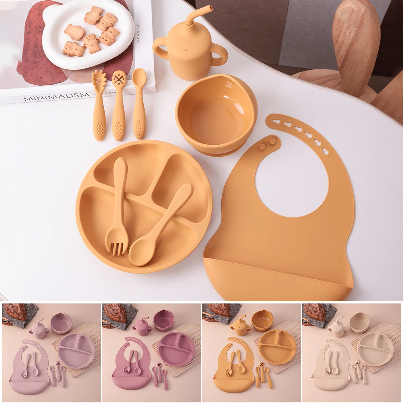 Juego de alimentación de bebé de silicona, platos de succión, cuenco, babero, taza para sorber, sin BPA, artículos esenciales para niños pequeños, vajilla autodefensa, 9 Uds. ﻿