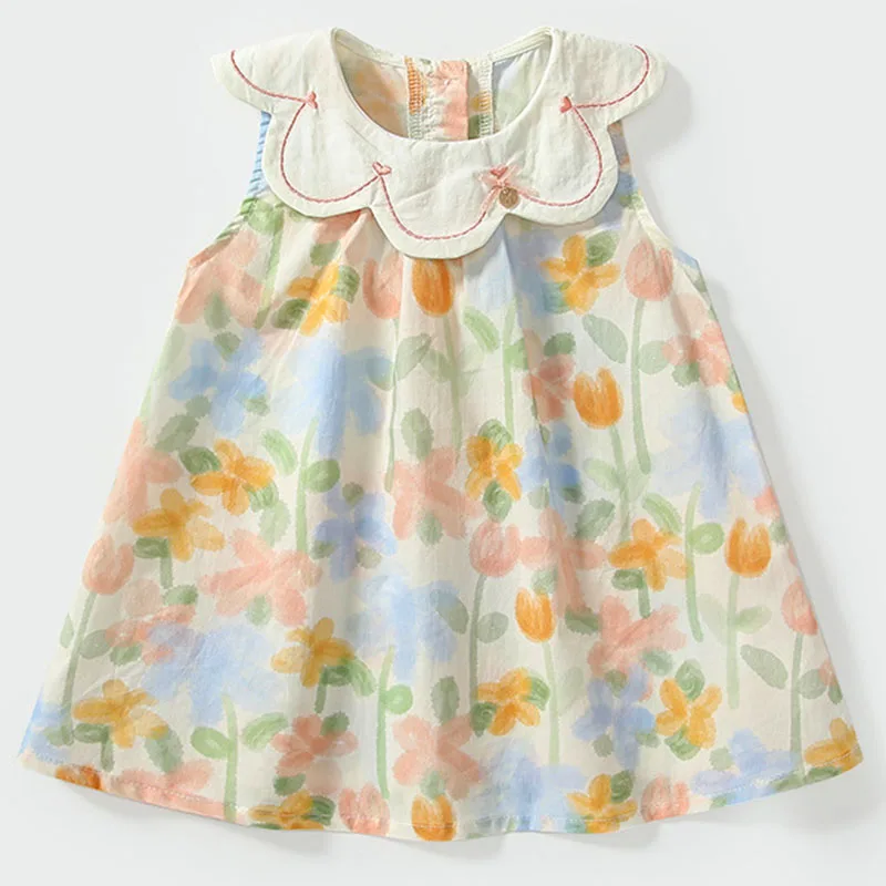Ropa de verano, vestidos coreanos bonitos de flores para niña, cuello de muñeca sin mangas, vestido de princesa de algodón para bebé, ropa de Boutique para niños B158