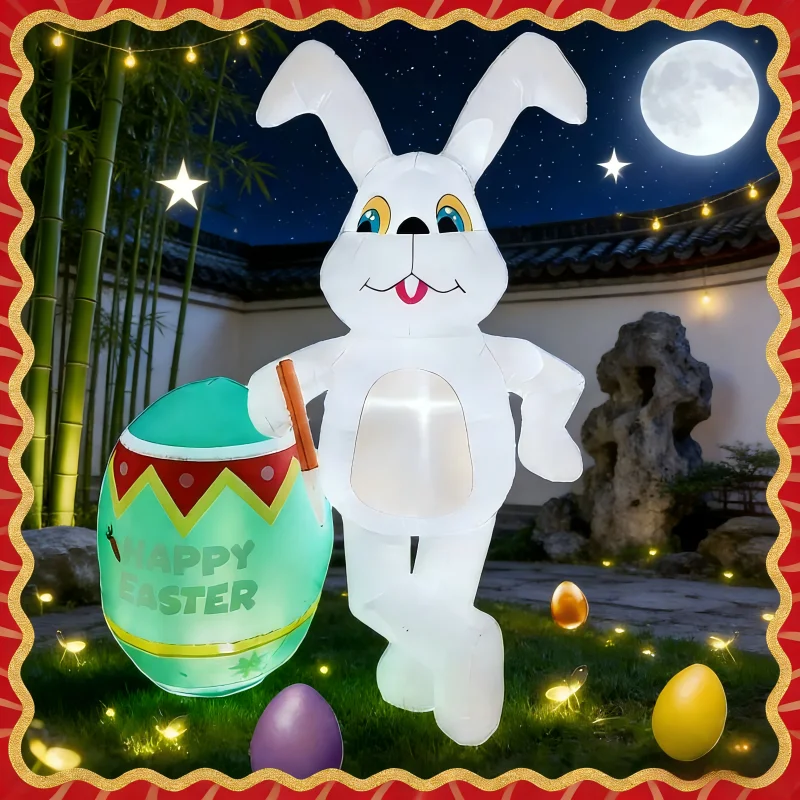 Decoración de Pascua de 2.1m/7 pies, Conejo Sentado en un Hongo Inflable con Luces LED Integradas, Adorno para Interiores, Exteriores y Patios