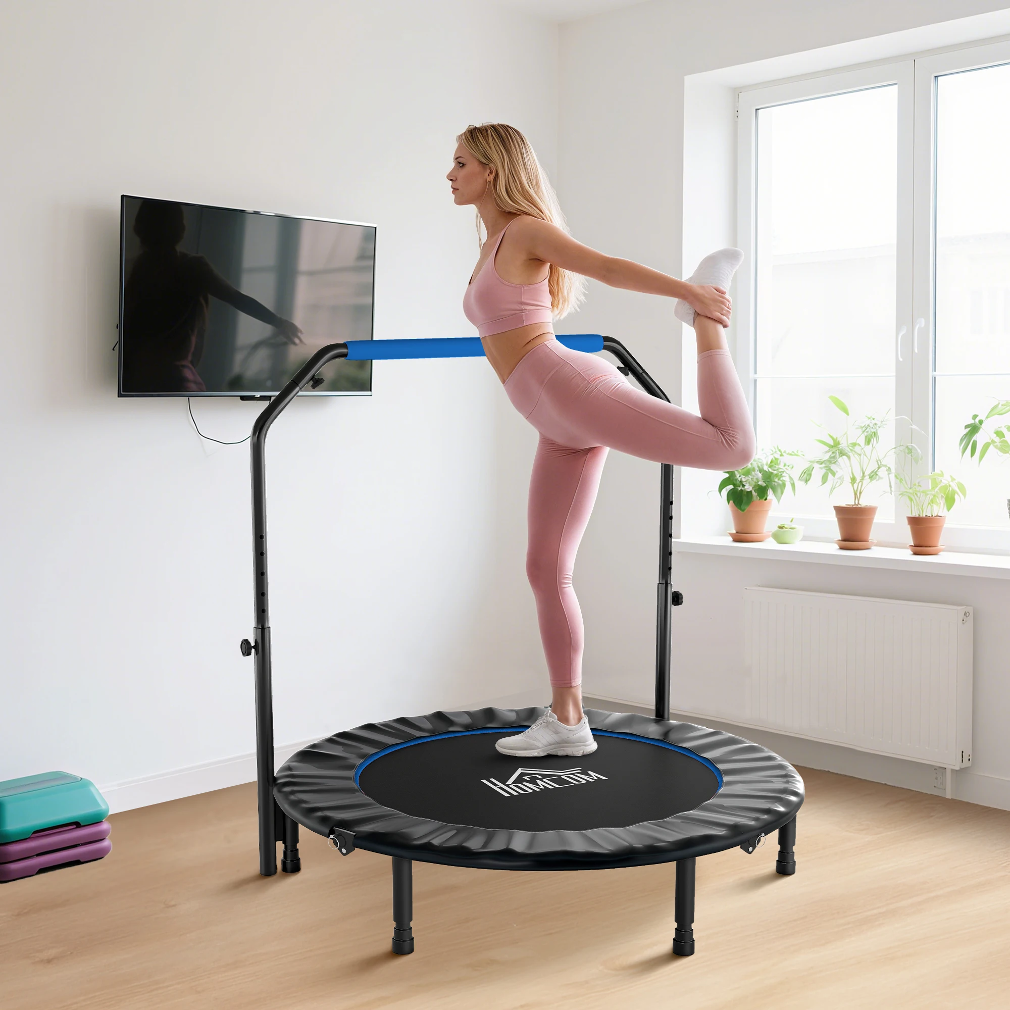 HOMCOM Trampolín de Fitness Adultos Ø122 cm, Cama Elástica Plegable con Mango Ajustable de 4 Niveles, Marco de Acero, para Entrenamiento Piernas, Cuerpo en Hogar, Oficina, Gimnasio, Negro y Azul - imagen 4