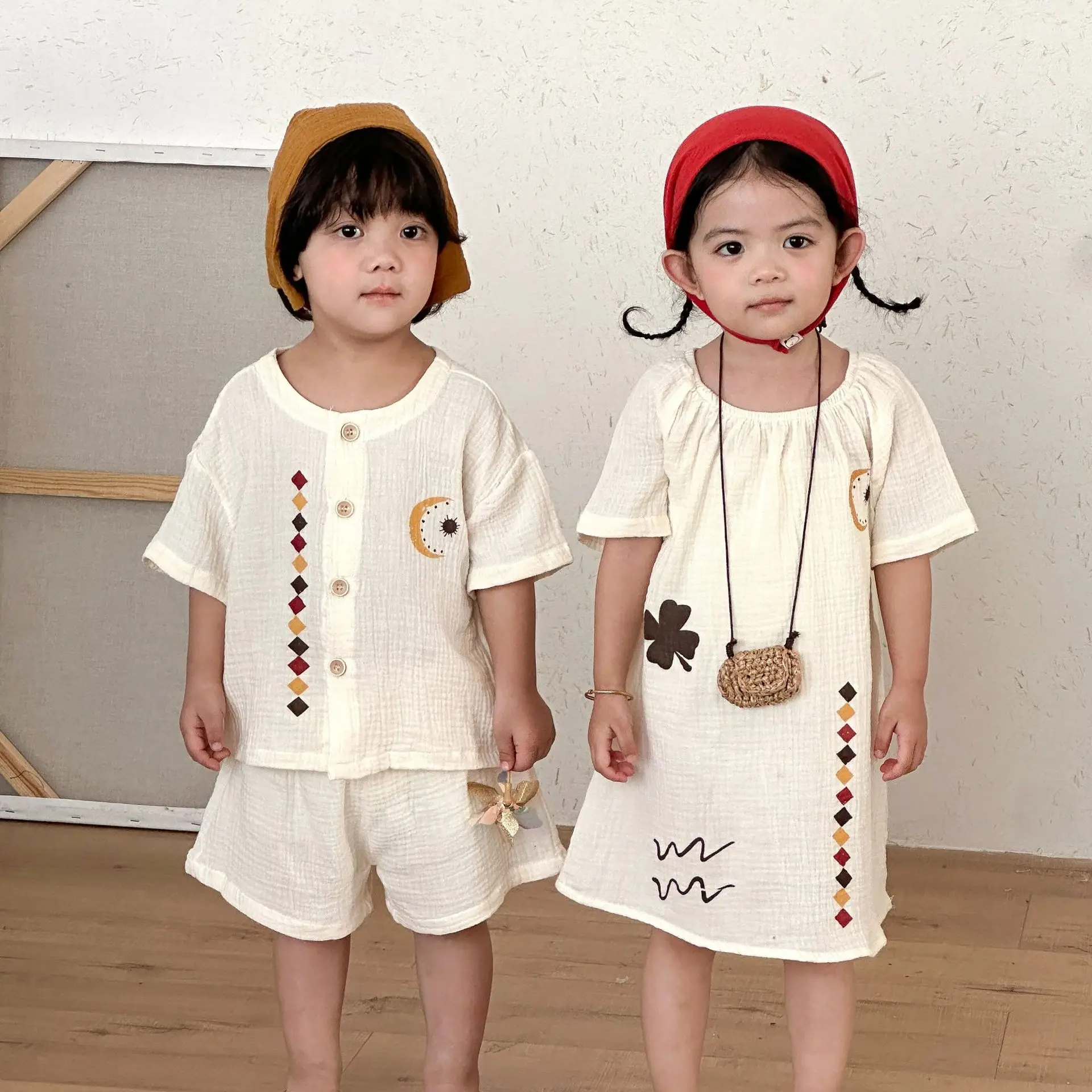 Ropa de verano para niños, conjunto de ropa de algodón puro para niños, vestido transpirable para niñas, ropa para hermanos y hermanas, 2026