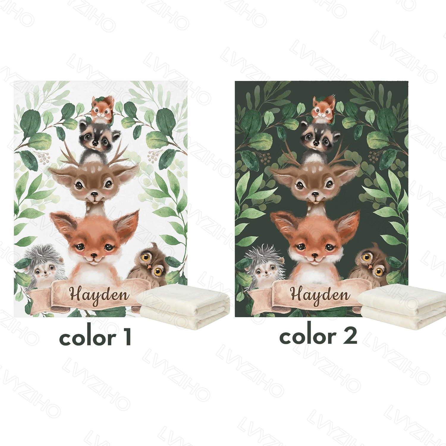 LVYZIHO Woodland Animals Greenenery Forest Manta con nombre personalizado Manta para niños - 30x40 /48x60/60x80 pulgadas - Manta polar