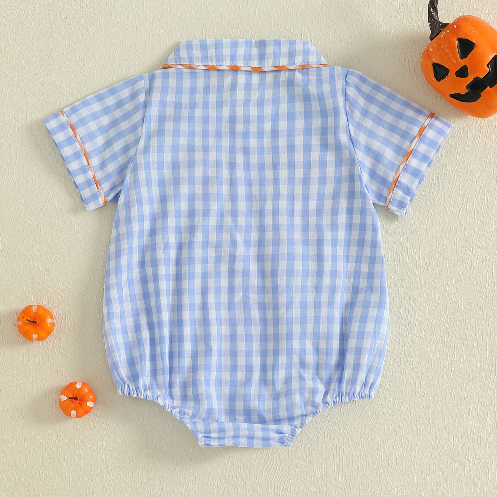 VISgogo Mono bordado de calabaza para niña de 0 a 18 meses, peleles a cuadros con cuello de muñeca de manga corta para Halloween - imagen 2