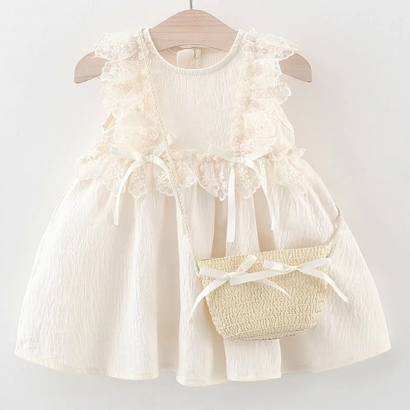 Ropa de verano de 2 piezas, vestidos de lujo para niñas, moda coreana, lazo de encaje, vestido de princesa de algodón para niños pequeños + bolsa, ropa de Boutique para niños B121