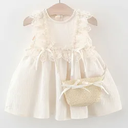 Vestido niña de algodón para verano con lazo y encaje