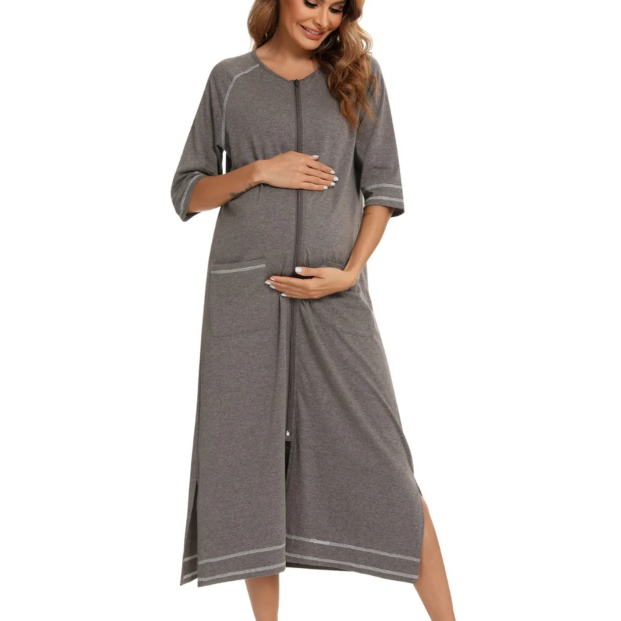 Pijamas holgados de una pieza de talla grande para mujeres embarazadas, pijamas de manga media con cremallera, vestido cómodo de maternidad para amamantar, bata, ropa de casa