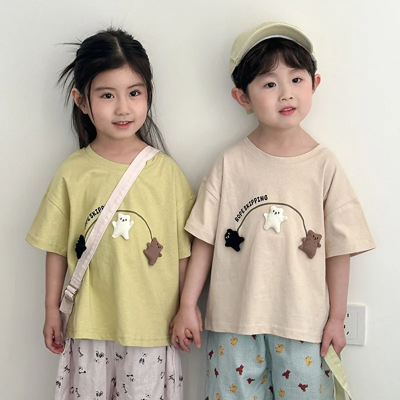 MILANCEL, nueva camiseta de verano para niños, camiseta bonita de oso 3D, camisetas holgadas de estilo fino para niños, ropa de algodón para niñas